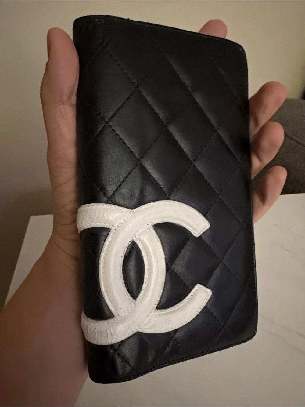 CHANEL Cambon Black Quilted Leather Long Wallet - White CC Logo